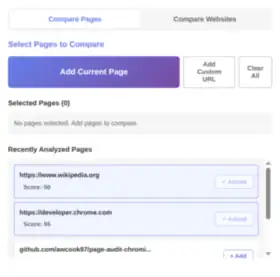 SEO Page Audit compare mode with selected pages across multiple websites