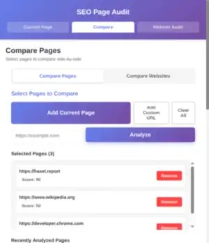 SEO Page Audit compare tab with URLs from multiple websites