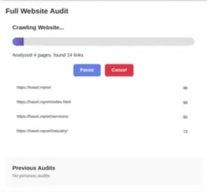 SEO Page Audit crawl results showing page scores and issues to fix